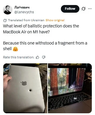 Apple MacBook Air reportedly stops artillery shell fragment for Ukrainian soldier, with damaged display still partially functional - NotebookCheck.net News