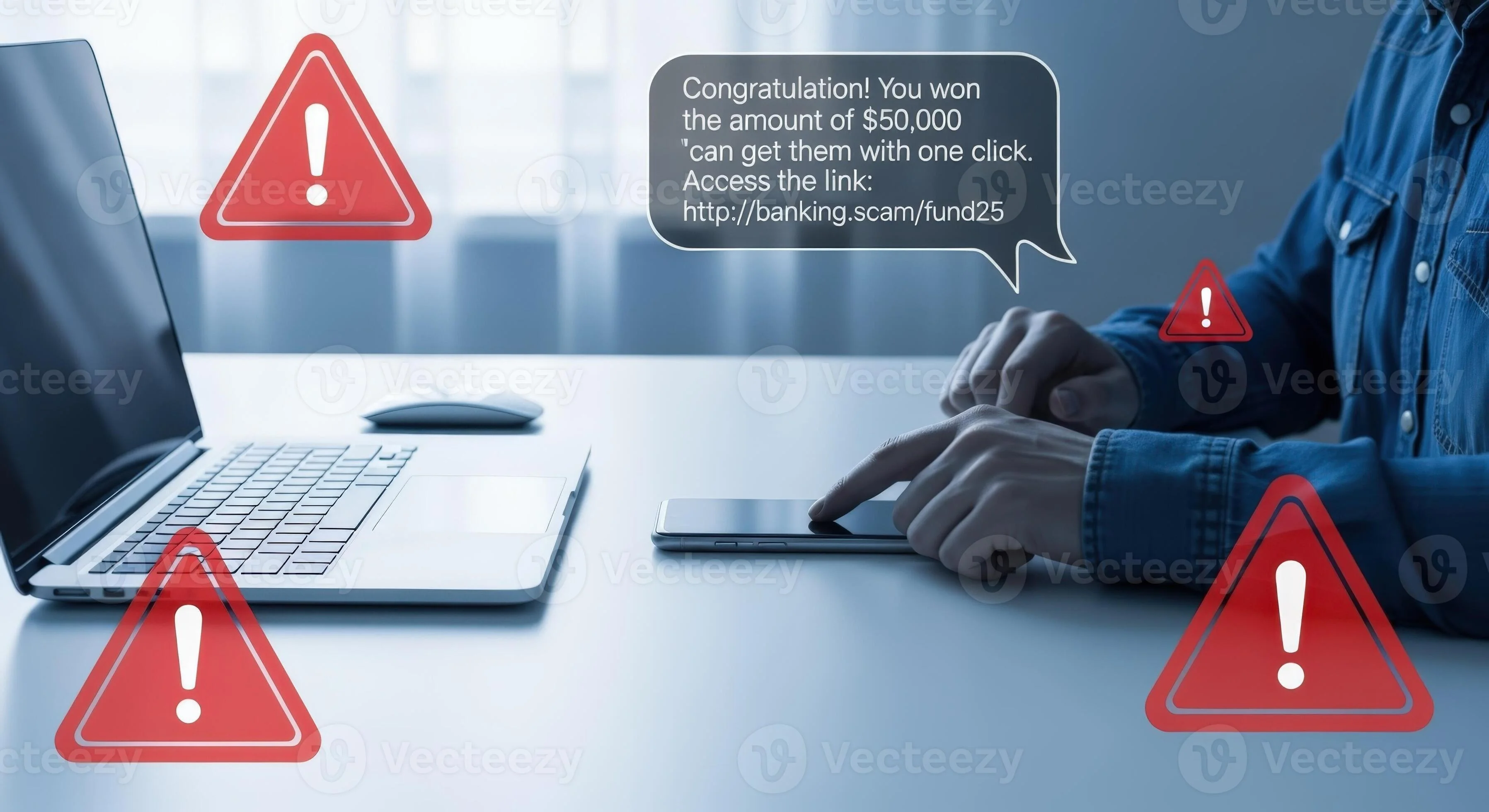 Online Scam A Person Receiving a Phishing Message on Their Smartphone with Laptop in the Background 70673017 Stock Photo at Vecteezy